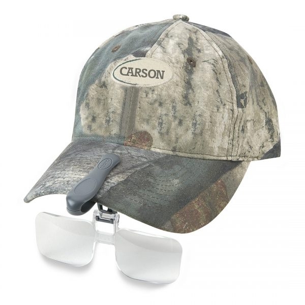 2x Clip on Magnifier for baseball cap Hat Visor, by Carson Optical clips onto hat visor for easy magnifying and viewing.